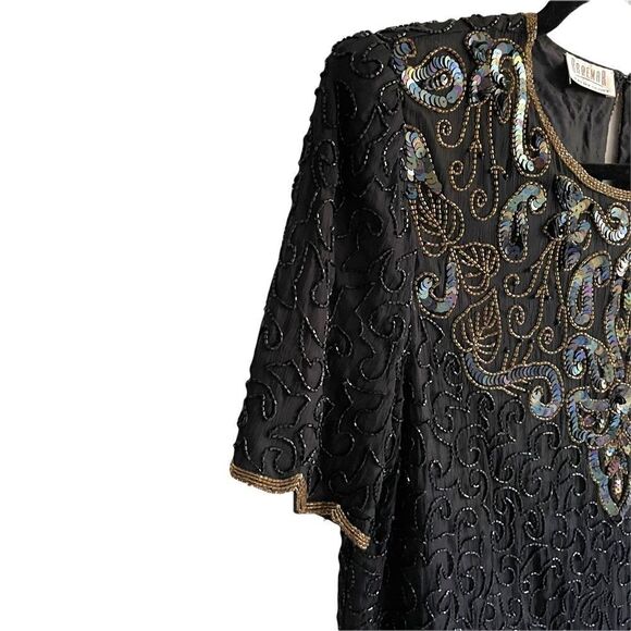 VINTAGE Braemar Silk Blouse Embellished Beading Sequins Black S - Picture 5 of 7
